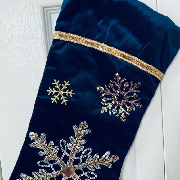 Midnight Blue Velveteen Christmas Hanging Stocking with Gold Sequined Snowflakes - Picture 4 of 9